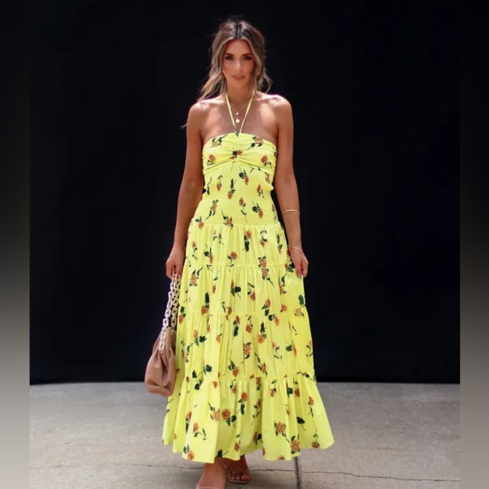 VICI Kosas Tiered Floral Smocked Maxi Dress - Yellow - XL